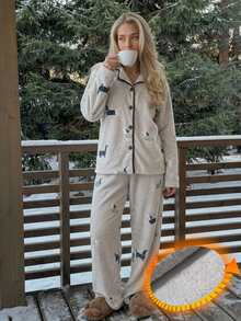 Livesso Women's Cartoon Animal Long Sleeve Single-Breasted Top And Pants Pajama Set - Grey - View 6
