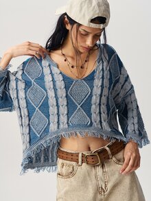 Bohemela Vintage Mixed Color Twisted Rope Loose Knit Pullover Sweater - Blue - View 4