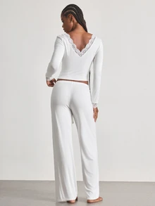 Ocili V-Neck Lace Trim Patchwork Long Sleeve & Drawstring Pants 2 Pieces Lounge Set, Comfortable Holiday Outfit, Autumn/Winter Clothing - White - View 3