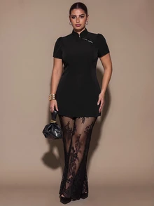 SHEIN BAE CURVE Plus Size Black Chinese Style Frog Button Short Sleeve Mini Dress & Lace Pants Set, Chinese Style Set, Elegant Autumn/Winter Two Pieces Set,Christmas - Black - View 1