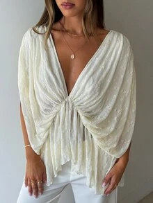 Aloruh Women's Sweet Pleated Lace Asymmetrical Hem Top - Apricot - View 2