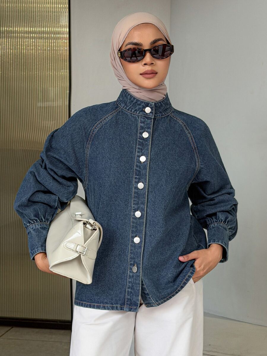 DAZY Women's Raglan Sleeve Single-Breasted Casual Denim Jacket - Blue - View 1