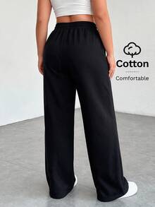 SHEIN PETITE CURVE Quần dài casual size lớn màu trơn phong cách tối giản, cạp rút dây, có túi, cho mùa thu - màu đen - Xem 7
