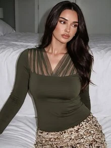 SHEIN LUNE CURVE Plus Size Women's Autumn/Winter Mesh Patchwork Ruched Waist Elegant Sexy Commuter Blouse Fall Dinner Party Black - Army Green - View 7