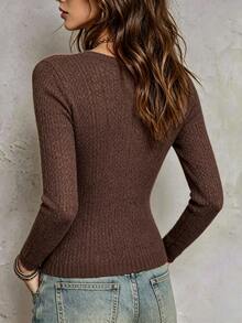 SHEIN Raffinéa Women's All-Match Minimalist Fashion Versatile Twisted Rope V-Neck Slim Fit Brown Long Sleeve Sweater - Brown - View 2