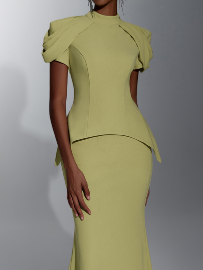 Elitara Elegant Classic Knitted Dress With 3D Shoulder Pleats, Faux Two-Piece Waist, Flared Hip And Long Skirt, Suitable For Date, Vacation, Single Party, Wedding, Back To School, All Formal Occasions, Evening Party, Women's Bridesmaid Dress