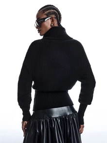 LYSMO Women's Autumn/Winter High Neck Solid Color Drop Shoulder Long Sleeve Casual Sweater - Black - View 2