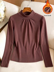 Rusticease Middle-Aged Women Solid Color Pleated Casual Daily T-Shirt - Brown - View 3