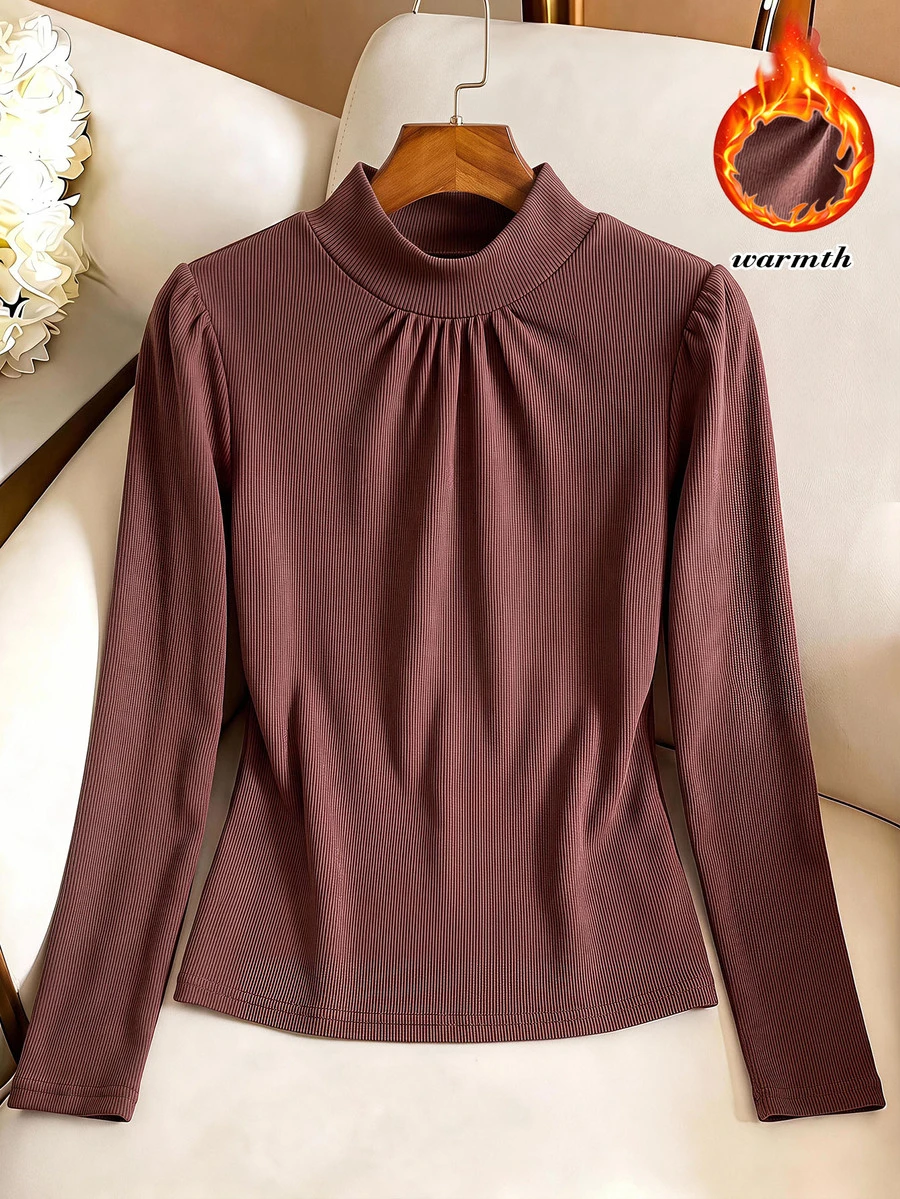 Rusticease Kaos Kasual Lipit Warna Polos untuk Wanita Paruh Baya - Coklat - View 1