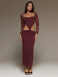 MUSERA Red Cut Out Maxi Dress With Lace Bolero Autumn Winter Going Out Dating Christmas Holidays - Burgundy - View 3
