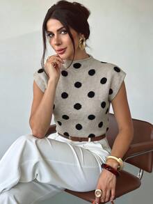 Firerie 優雅法式高領寬鬆休閒百搭波點無袖針織背心，適合約會早午餐，時尚風格 - 白色 - 查看 5