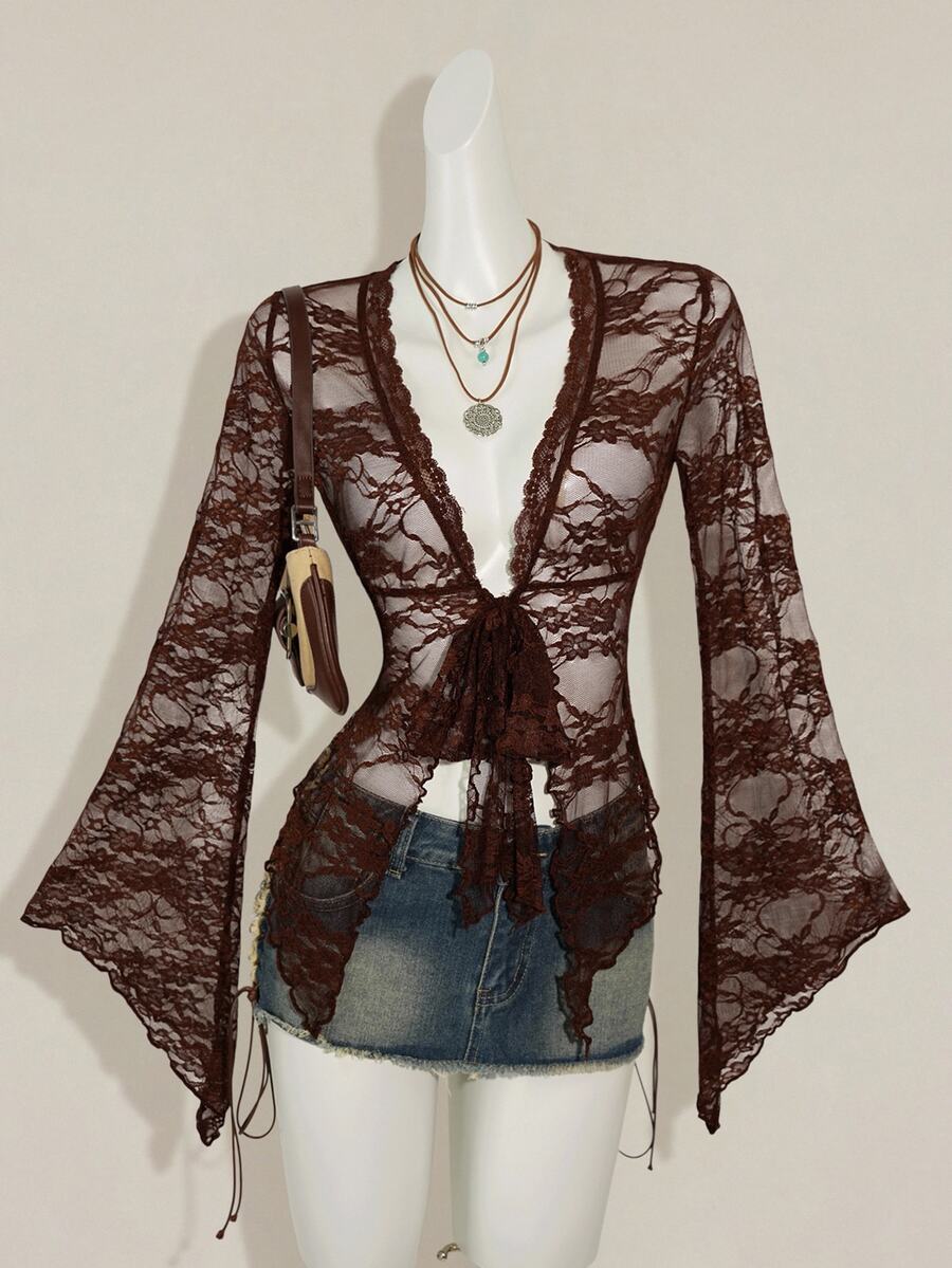 SHEIN ICON 女款時尚黑色V領蕾絲上衣,飄逸喇叭袖性感上衣 - 棕色 - 查看 1