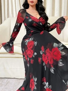 Feyla New Design V-Neck Criss-Cross Cinched Waist Elegant Printed Party Vacation Dress - Multicolor - View 4