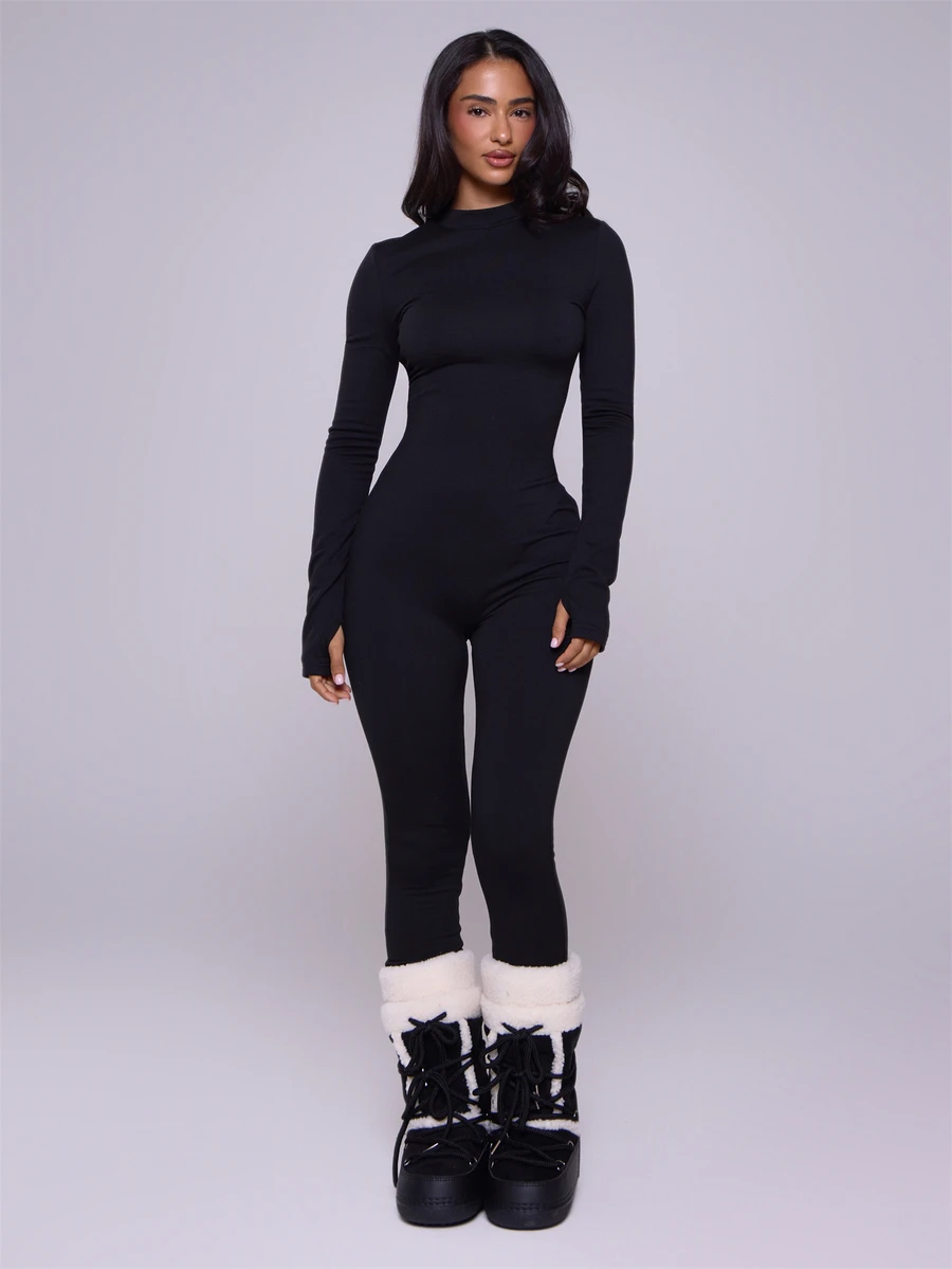 MUSERA ESSENTIALS Jumpsuit Hitam Berkerah Tinggi dengan Lubang Jempol dan Lapisan Bulu Domba, Cocok untuk Aktivitas Ski Sehari-hari di Musim Gugur dan Musim Dingin. - Hitam - View 1