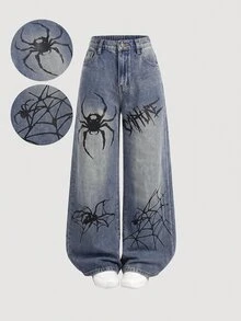 Girlism Tween Girl Spider Print Kids Loose Fit Denim Jeans - Light Wash - View 1