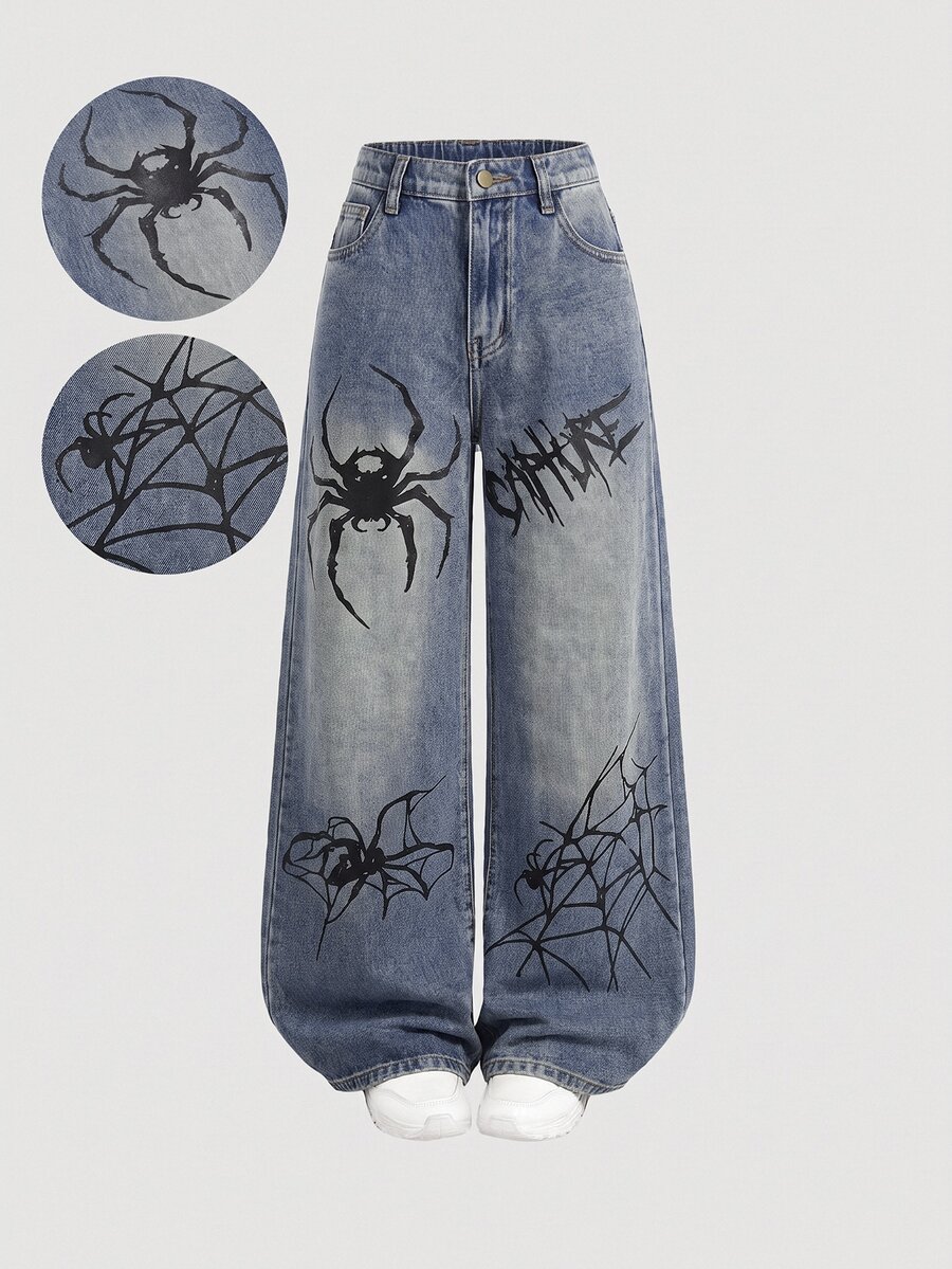 Girlism Tween Girl Spider Print Kids Loose Fit Denim Jeans - Light Wash - View 1