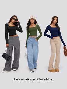 SHEIN BASICS 3件組純色針織長袖修身挖領短版女款T恤上衣，黑色、灰色、白色，秋季基礎款，適合日間辦公與日常休閒 - 彩色 - 查看 9