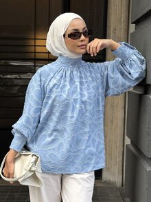 DAZY Women's Stand Collar Casual Versatile Daily Long Sleeve Shirt - Blue - View 2