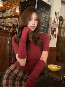 DAZY Autumn/Winter Red Crew Neck Fitted Short Sleeve Knit Sweater And Arm Warmers 2 Pieces Set, Casual Christmas Women's - Red - View 10