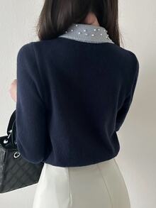 FRIFUL Women's Sweet Ruffle Trim Rhinestone Embellished Knit Cardigan - Black - View 2
