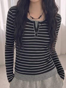 SHEIN 青少年女孩針織黑色拼接灰色休閒Y2K街頭風長袖T恤，秋冬加厚校服Sixth Form - 彩色 - 查看 1