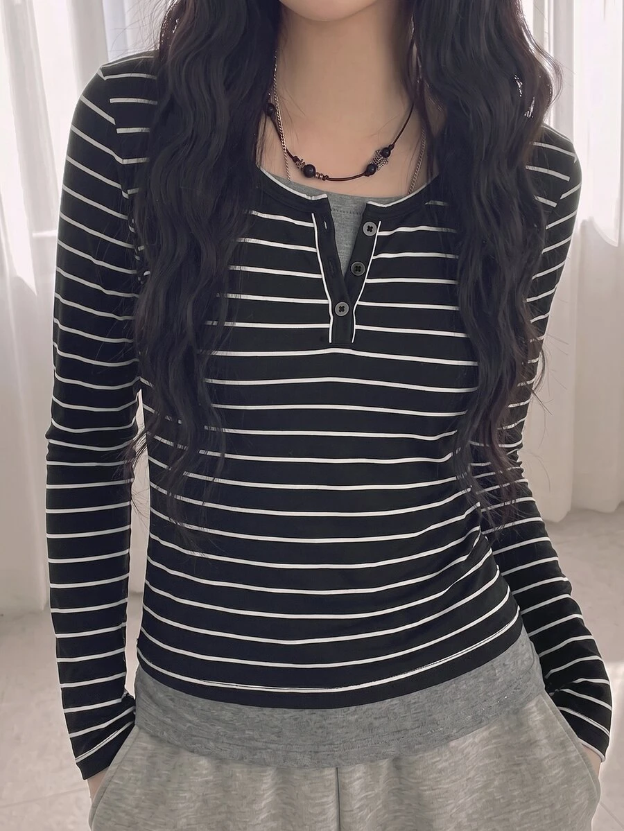 SHEIN 青少年女孩針織黑色拼接灰色休閒Y2K街頭風長袖T恤,秋冬加厚校服Sixth Form - 彩色 - 查看 1