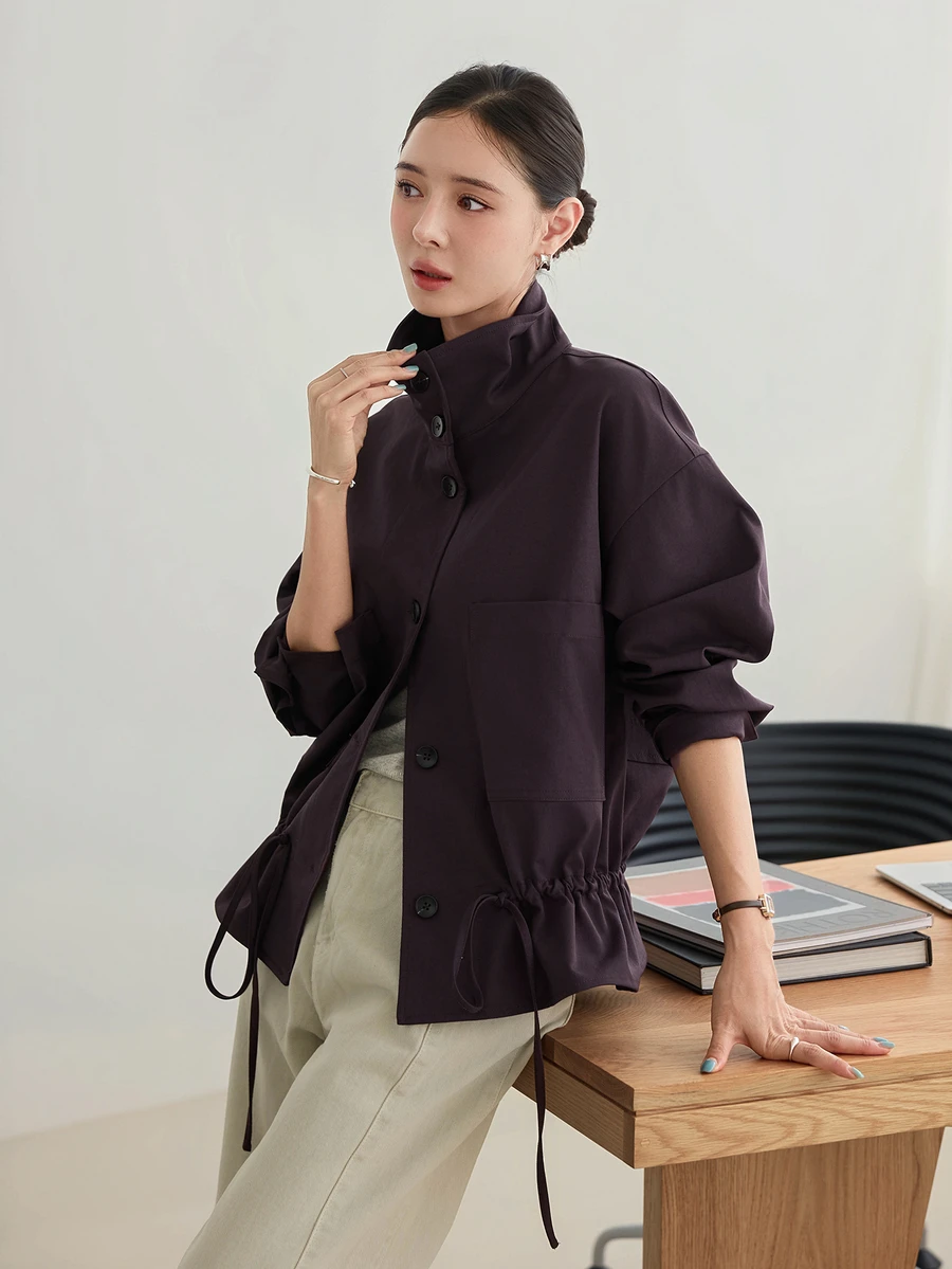 Dazy-Less Women's Purple Lapel Long Sleeve Button-Up Solid Color Loose Casual Versatile Regular Jacket, Autumn/Winter - Purple - View 1