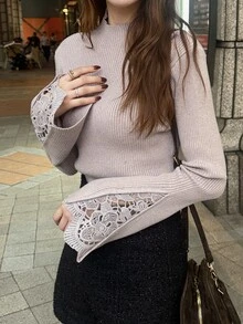 FRIFUL Women's Solid Color Stand Collar Contrast Lace Bell Sleeve Elegant Sweater - Grey - View 4