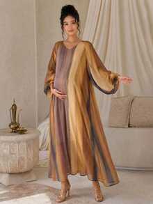 DAZY Gaun Maxi Kasual Lengan Panjang Berkerah V Longgar Motif Garis-garis untuk Liburan Musim Semi dan Gugur, Cocok untuk Ibu Hamil - Khaki - View 9