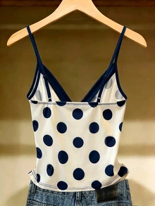 GlowEve Women's Elegant Polka Dot Print Bow Decor Cami Top For Summer - Navy Blue - View 2