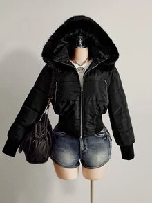 SHEIN ICON Women's Plus Size Hooded Patchwork Fur Collar Black Padded Coat Winter - Black - View 7
