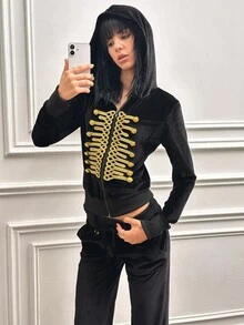 CHAOSSORY CHAOSSORY Napoleon Y2K Women's 2 Pieces Velvet Hoodie And Sweatpants Set - Black - View 6