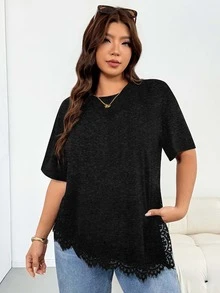 Shapeblank Plus Size Women's Spring/Summer Fashion Casual Loose Elastic Comfortable Daily Basic Versatile Slimming Lace Trim Asymmetrical Hem - Dark Grey - View 4