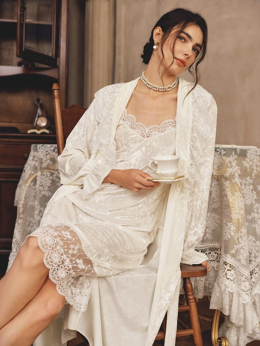 Côtesoire Lace Cami Sleep Dress & Belted Robe - White - View 1