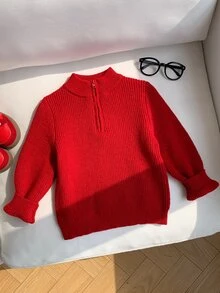 嬰兒男孩嬰兒女孩兒童小男孩紅色百搭舒適圓領長袖套頭秋季毛衣，適合聖誕節和新年 - 紅色 - 查看 4