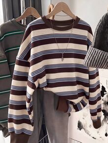 SHEIN EZwear 秋冬新款彩色條紋學院風基礎圓領長袖女款套頭運動衫，優雅休閒風，適合日常通勤、約會、聚會、派對、婚禮、海灘、畢業典禮等場合，亦適用於戶外活動、Y2K風格穿搭、音樂節等場景 - 彩色 - 查看 1