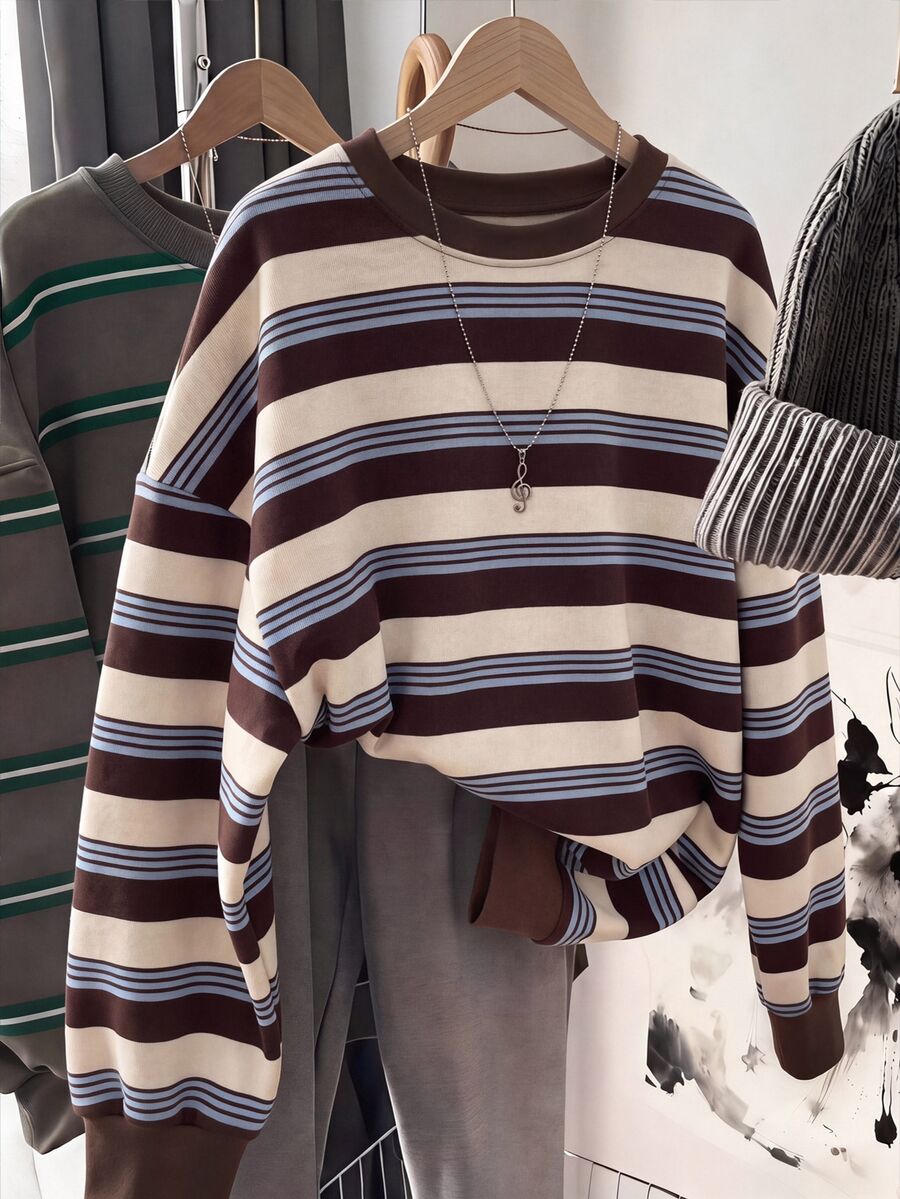 SHEIN EZwear 秋冬新款彩色條紋學院風基礎圓領長袖女款套頭運動衫，優雅休閒風，適合日常通勤、約會、聚會、派對、婚禮、海灘、畢業典禮等場合，亦適用於戶外活動、Y2K風格穿搭、音樂節等場景 - 彩色 - 查看 1
