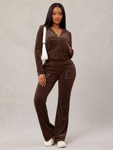 Radiana Plus Size Women Solid Color Hoodie And Pants Casual Everyday 2 Pieces Set - Brown - View 5