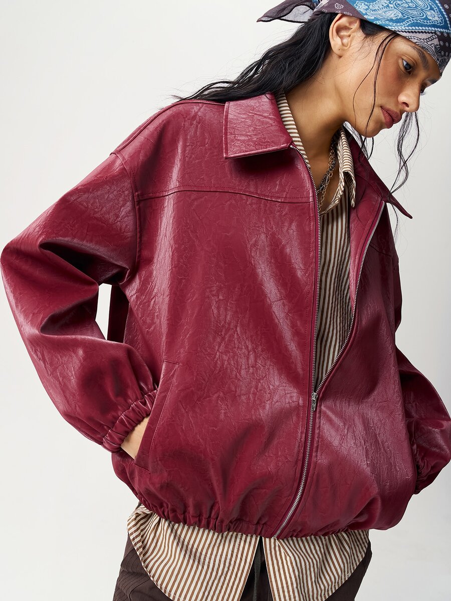 Bohemela Women's Solid Color PU Leather Drop Shoulder Long Sleeve Zipper Front Casual Regular Fit Jacket - Burgundy - View 1