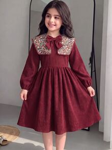 SHEIN Tween Girl Tween Girl Autumn/Winter Large Collar Ditsy Floral Patchwork Corduroy Ruched Full Skirt Puff Long Sleeve Dress Burgundy Casual Vacation Elegant Girls Dress Christmas New Year Dress - Burgundy - View 7