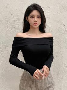 DAZY 女款純色露肩休閒日常長袖T恤 秋季 - 黑色 - 查看 2