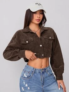 SHEIN PETITE 秋季女裝落肩翻蓋設計短版燈芯絨黑色夾克，適合嬌小女款，返校、上班、旅行、日常穿著、街頭休閒風 - 咖啡棕 - 查看 7