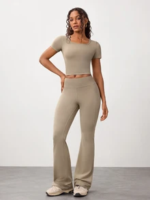 Dewbera Dewbera Women's Solid Color Short Sleeve Top And Leggings Casual Daily Sports Set - Camel - View 4