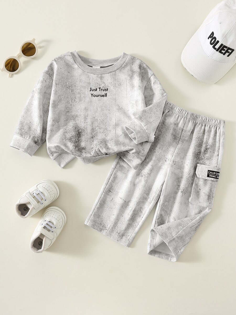 Baby Boy Letter Pattern Knit Soft Crew Neck Long Sleeve Pullover Sweatshirt And Elastic Waist Long Pants 2 Pieces Set, Versatile And Comfortable - Multicolor - View 1