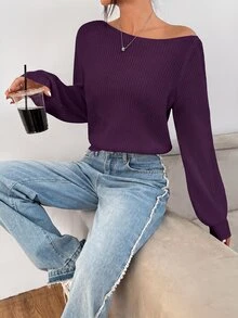 SHEIN PETITE 白色女款長袖套頭毛衣，可披肩穿著，適合秋冬，適合嬌小女性 - 紫色 - 查看 4
