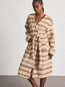 Ocili Women's Plush Double-Sided Fleece Printed Snowflake Robe - Khaki - View 4