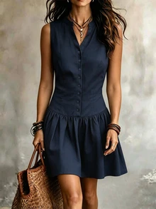 RosyDaze Navy Blue Notch V-Neck Sleeveless Short Fitted Waist Cinched Single-Breasted Decorative Fabric Buttons Back Center Zipper A-Line Mini Dress For Women - Navy Blue - View 1