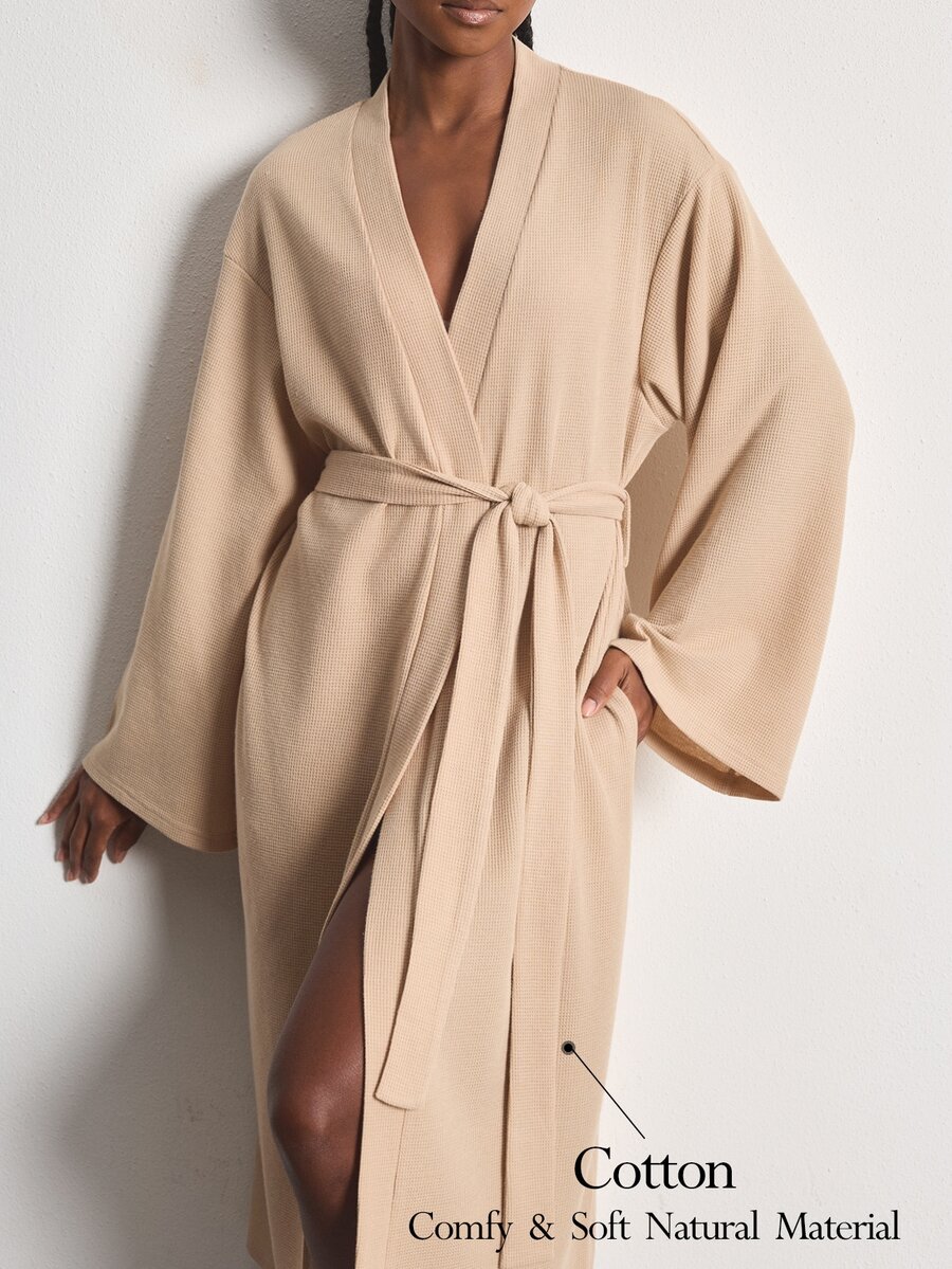 Ocili Women's Simple Daily Tie-Front Comfortable Long Sleeve Loungewear Robe Housecoat - Khaki - View 1