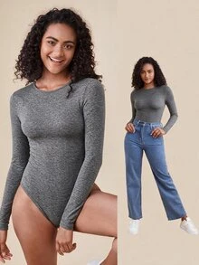 SHEIN BASICS 1件純色修身T恤連身衣/春夏女款日常居家服 白色極簡簡約基礎款 - 灰色 - 查看 7