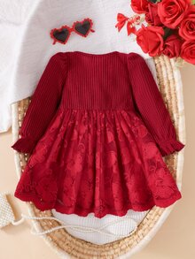SHEIN 女嬰針織素色圓領拼接梭織網紗刺繡下擺休閒洋裝 - 紅色 - 查看 2